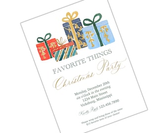 Può includere: Un invito a una festa di Natale con un'illustrazione ad acquerello di regali avvolti in tonalità di blu, rosso e verde. Il testo recita "Favorite Things Christmas Party" con la data, l'ora e la posizione della festa. L'invito include anche una richiesta di portare tre regali avvolti.