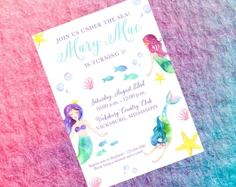 Watercolor Mermaid Birthday Party Invitation Mermaid  Invite Pastel Colors