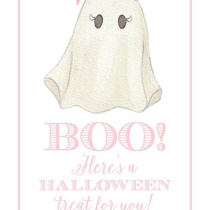May include: A pink and white Halloween treat bag with a ghost wearing a pink bow. The bag says "BOO! Here's a HALLOWEEN treat for you! Love, Charlotte."