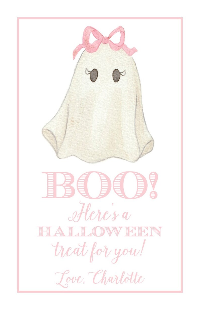 May include: A pink and white Halloween treat bag with a ghost wearing a pink bow. The bag says "BOO! Here's a HALLOWEEN treat for you! Love, Charlotte."