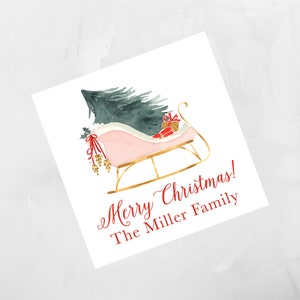 Watercolor Christmas Pink Sleigh Enclosure Card, Christmas Tag, Christmas Sticker Customized Christmas Personalized Christmas Enclosure Card