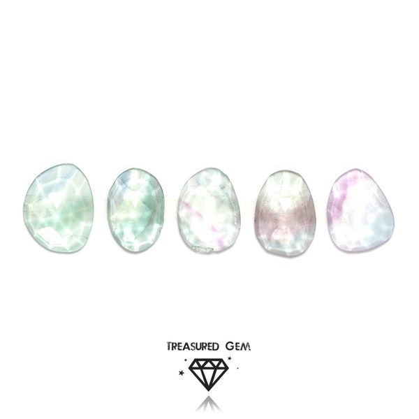 Loose Fluorite Rose Cut Cabochons in Spearmint Green and Lilac Colours and Freeform Shapes