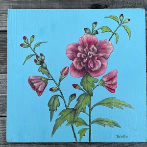 Double Rose of Sharon, 11.5” x 12”, oil on reclaimed wood panel, original painting