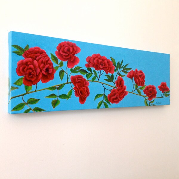 Vine Roses, original painting, oil on canvas, stretched canvas, finished edges, painting by David DeWitt, 10" x 30" x 1.5", flowers
