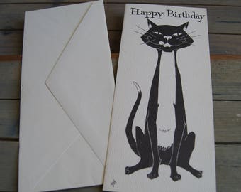 Vintage verjaardagskaart Cat Kitty ongebruikt met envelop gedrukt in de VS - zwart-wit