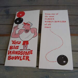 Lot de 2 cartes d'anniversaire vintage aux quilleurs masculins et féminins par Cards For Sports inutilisées sans enveloppes imprimées aux États-Unis, New York, NY