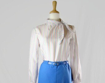 Vintage Devon-rokpak: gestreepte blouse, blauwe a-lijnrok, NOS