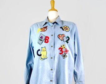 Vintage Besticktes Jeanshemd: Karen Scott Button-Down, Katze & Blume