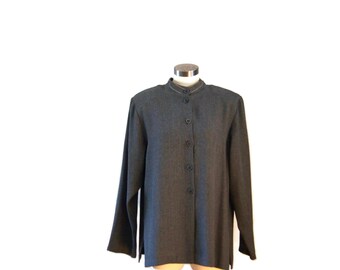 Vintage grå rayon-tunikablus: mandarinkrage, tillverkad i USA