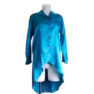 Vintage TJuniors Button Front Shirt Collar Long Sleeve Blouse Shirt Women&#39;s Padded Shoulders Longer Black Teal Made in USA