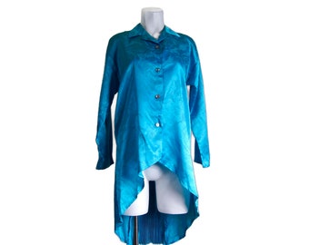 Vintage Teal Button-Front Blouse: Long Sleeve Padded Shoulder Shirt