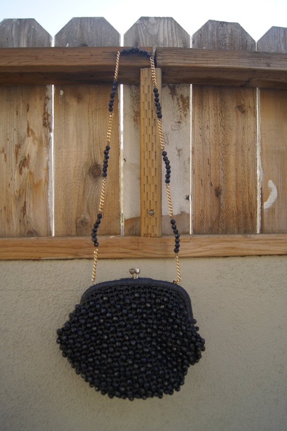 Vintage 1970s Black Beaded Purse Made in Japan Ex… - image 1