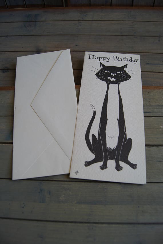 Vintage Birthday Card Cat Kitty Unused With Envelope Printed in USA - Black And White