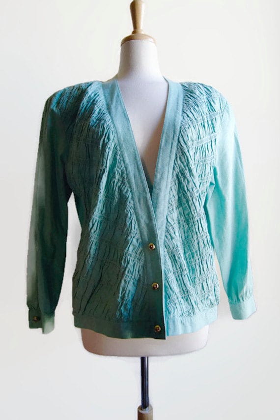 Vintage Flagg Petites Blazer Long Sleeves Top 1960s Cotton Blouse Green