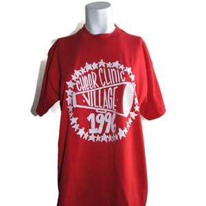 Vintage T-Shirt Cheer Clinic Village 1996 &#39;90s Best Fruit of The Loom Red Unisex 50/50 Poly Cotton Made in USA