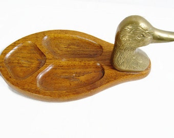 Vintage Collectible Brass Duck Head on Wood Base Organizer George Good Valet Tray GG Catchall Candy Tray Organize