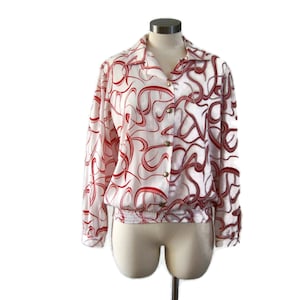 Vintage toni marie para sissies blusa esportiva vermelho e branco elástico na cintura secretário superior mangas compridas feito nos eua