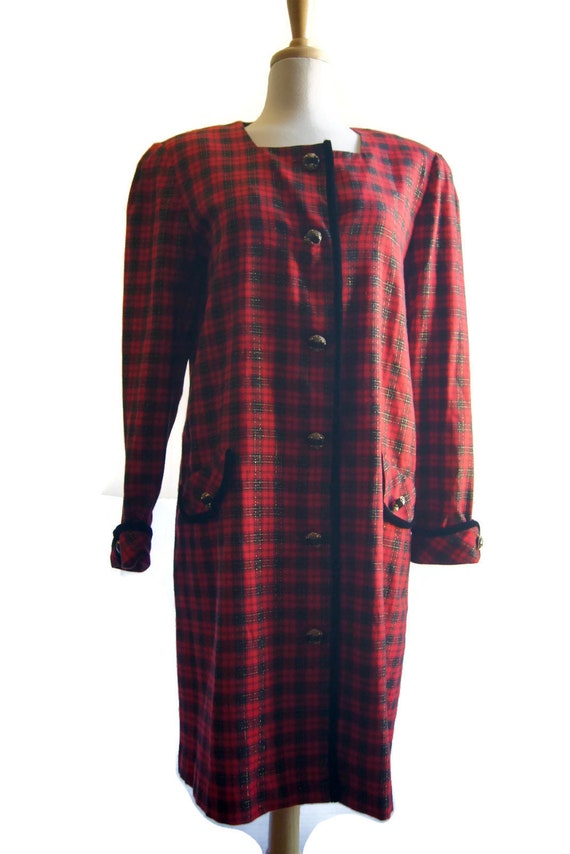 Vintage Leslie Fay Plaid Red Black Dress Women's … - image 1