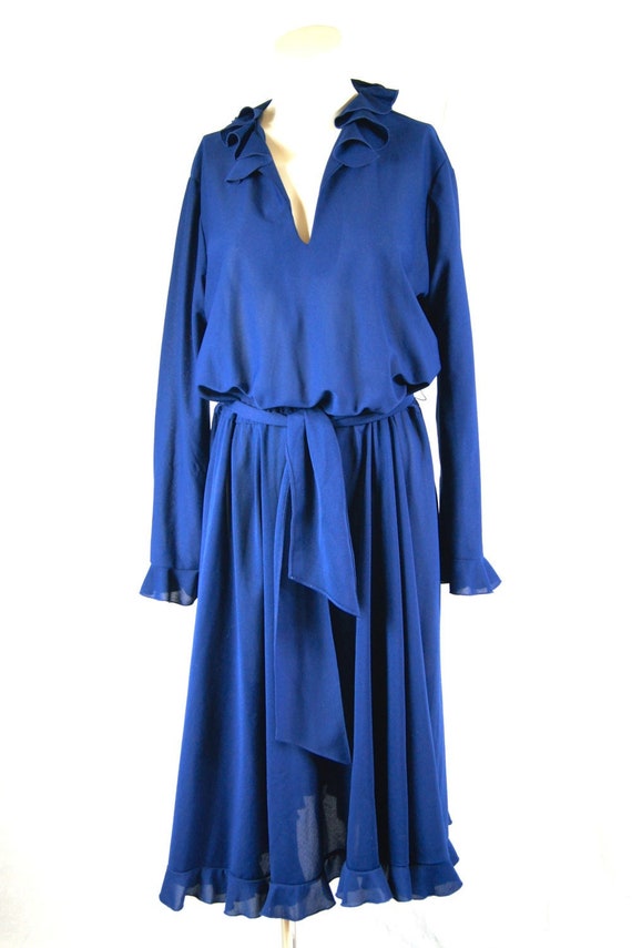 Vintage Ruffled Navy Dress: Sheer A-Line Frock with Belt