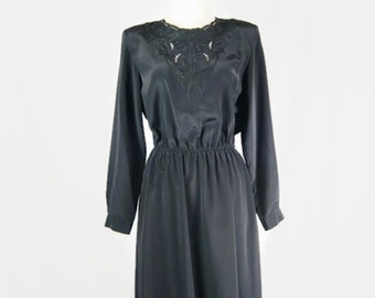 Vintage Mikado Polyester Long Sleeve Black Dress / Cocktail Dress Women's