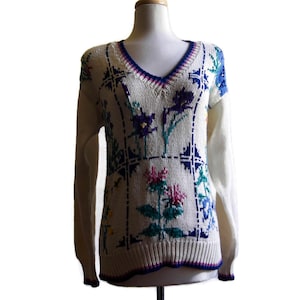 Vintage Floral Sweater Hand Knit by J. Christopher Women&#39;s Medium Pullover Cotton V-Neck