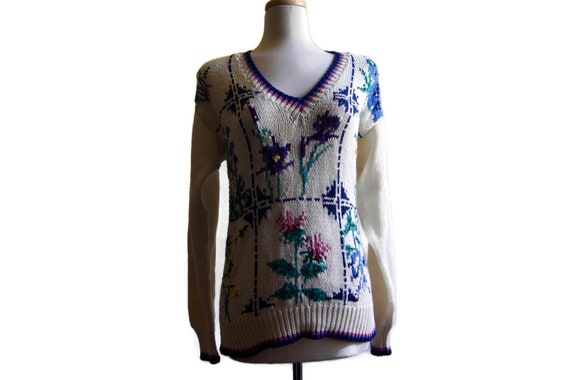 Vintage Floral Sweater Hand Knit by J. Christophe… - image 1