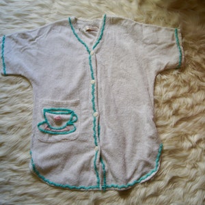 Vintage Signature II By Stan Herman Robe White Green House Coat Button Front Pocket Coffee Cup