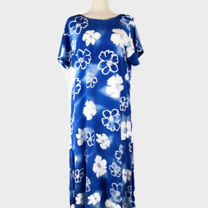 Vintage 90's AsiaCraft Textiles Blue & White Hawaiian Maxi Floral Dress image 1