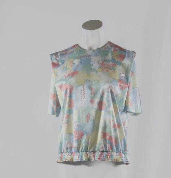 Vintage Graff Californiawear Blouse Floral Pastel Color Elastic Waist Band Secretary Top