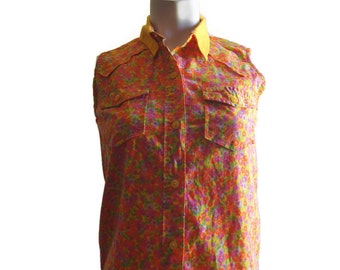 Vintage Gitano Floral Print Sleeveless Blouse Collar Button Front Cotton Women's Multi-Color Shirt Tank