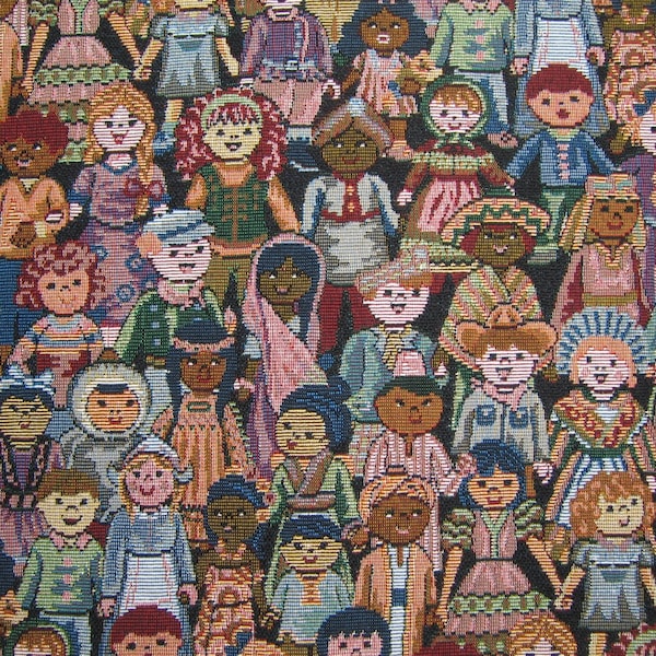Children of the World Tapestry Fabric by the yard: Pretty shades of blue, rose, cream, and black.