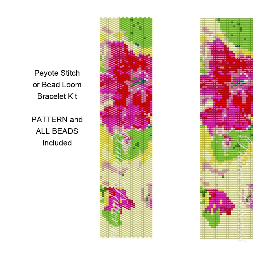 Peyote Stitch or Bead Loom Bracelet KIT Pink Flower on Yellow Kit Delica  Bracelet Kit Pattern and Delica Beads Included. P1 -  Israel