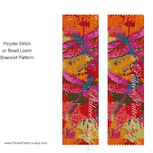 May include: A colorful beading pattern for a bracelet, using peyote stitch or bead loom techniques. The pattern features a mix of red, orange, yellow, pink, blue, and green beads.