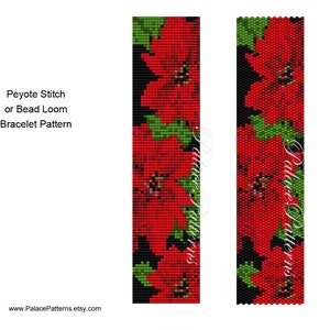 May include: A bead loom or peyote stitch bracelet pattern featuring a red poinsettia flower design with green leaves on a black background. The pattern is for a bracelet.