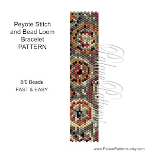 May include: A bead loom bracelet pattern featuring a geometric design with red, orange, yellow, green, gray, and white beads. The pattern is for 8/0 beads and is described as fast and easy.