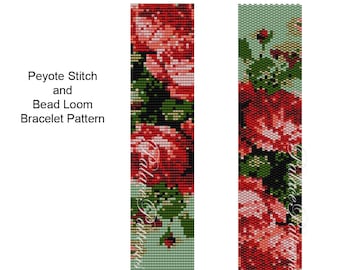 Delica Bead Bracelet Pattern, Roses are Coral Peyote Stitch or Bead Loom Bracelet Pattern - Roses Bracelet Pattern