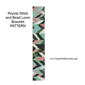 May include: A bead loom pattern for a bracelet with a camouflage design in shades of green, pink, white, and blue. The pattern is called "Peyote Stitch and Bead Loom Bracelet PATTERN".