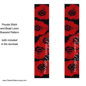 May include: A digital pattern for a red poppy flower bead loom bracelet. The pattern includes both peyote stitch and bead loom instructions. The pattern is available for download.