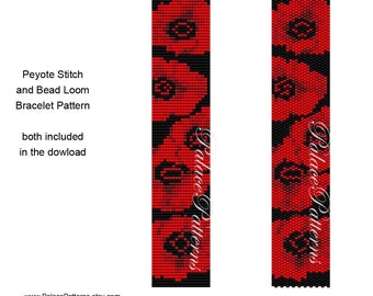 Peyotesömarmbandsmönster - Röda vallmo - Armbandsmönster med rött vallmo, Armbandsmönster med delica-pärlor, Armbandsmönster med vävstol