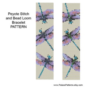 May include: A bead loom bracelet pattern featuring a dragonfly design with purple, blue, green, and black beads on a beige background. The pattern is for peyote stitch and bead loom.