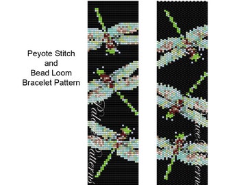 Bracelet Pattern for Bead Loom Weaving or Peyote Stitch - Dragonfly on Black Peyote Stitch or Bead Loom Bracelet Pattern
