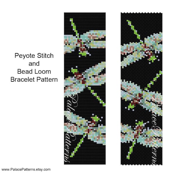 Bracelet Pattern for Bead Loom Weaving or Peyote Stitch - Dragonfly on Black Peyote Stitch or Bead Loom Bracelet Pattern