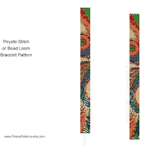 May include: A bead loom or peyote stitch bracelet pattern with a colorful design featuring shades of red, orange, yellow, green, blue, and beige. The pattern is shown in two different color variations.
