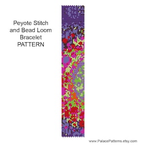 May include: Peyote Stitch and Bead Loom Bracelet PATTERN. A colourful bead loom bracelet pattern with purple, green, red, orange, and yellow beads.