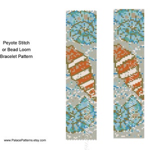 May include: A bead loom or peyote stitch bracelet pattern featuring a design of orange, white, and blue fish with a gray background. The pattern is shown twice, side by side.