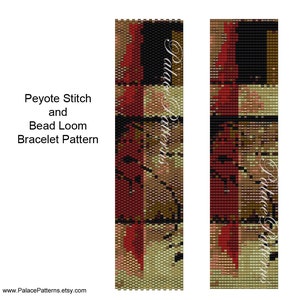 Puede incluir: Un patrón de brazalete de telar de cuentas con un diseño de cuadros rojos, negros y marrones. El patrón es para pulseras de punto de peyote y telar de cuentas. El texto "Palace Patterns" es visible en el lado derecho de la imagen.