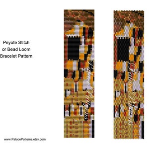 May include: A digital pattern for a beaded bracelet, with a design in gold, black, red, and white. The text "Peyote Stitch or Bead Loom Bracelet Pattern" is visible. The website address www.PalacePatterns.etsy.com is also displayed.