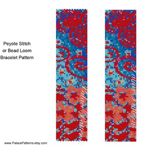 May include: A peyote stitch or bead loom bracelet pattern with a red, blue, and orange geometric design. The pattern is shown on two separate strips, one on the left and one on the right. The text "Peyote Stitch or Bead Loom Bracelet Pattern" is at the top of the image. The text "www.PalacePatterns.etsy.com" is at the bottom of the image.