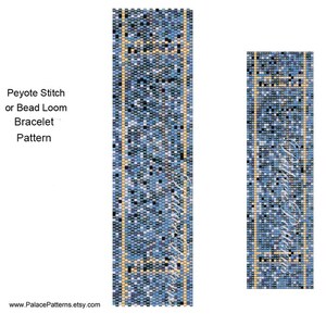 May include: A bead loom or peyote stitch bracelet pattern with a blue, white, and yellow plaid design. The pattern is shown in two sizes.