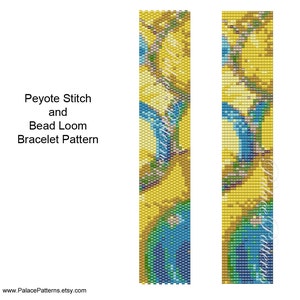 May include: A digital pattern for a beaded bracelet, featuring a design in shades of yellow, blue, and green. The text "Peyote Stitch and Bead Loom Bracelet Pattern" is displayed on the left. The website address www.PalacePatterns.etsy.com is at the bottom.